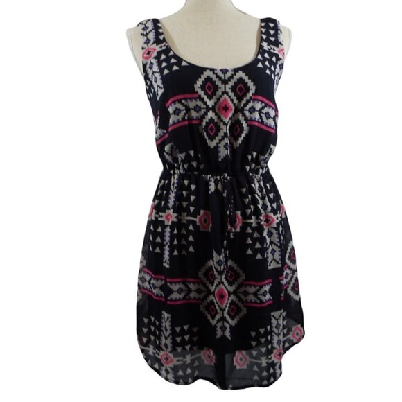 BeBop Slip Lined Elastic Waist Round Neck Sleeveless Aztec Print Dress - Small - Picture 8 of 12